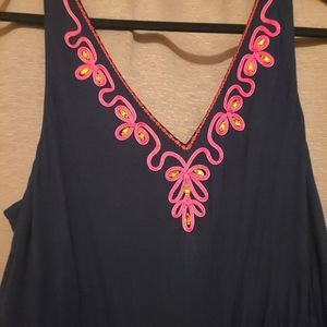 Elegant Navy Dress with Pink Embroidery